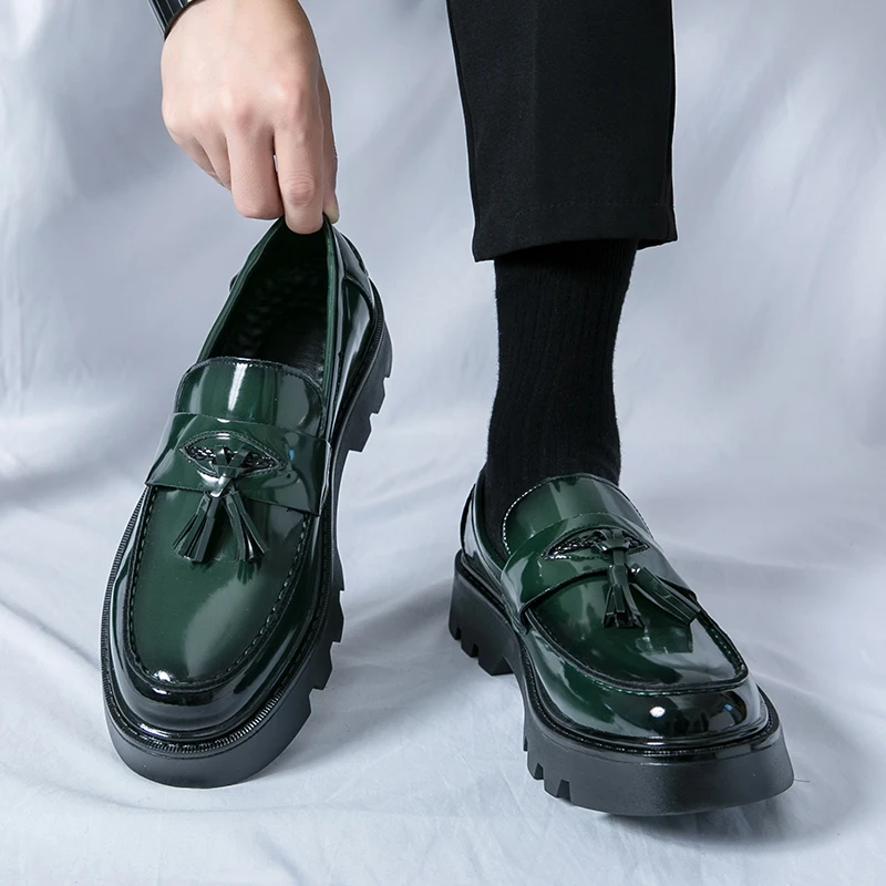 Green Color Man Platform Dress Office Leather Shoes Slip-On Formal Leather Loafers Men Shoe
