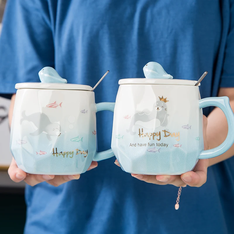 Feiyou wholesale Nordic style Cartoon 3D three-dimensional relief sea lion ceramic cup Creative mugs Cup with lid spoon