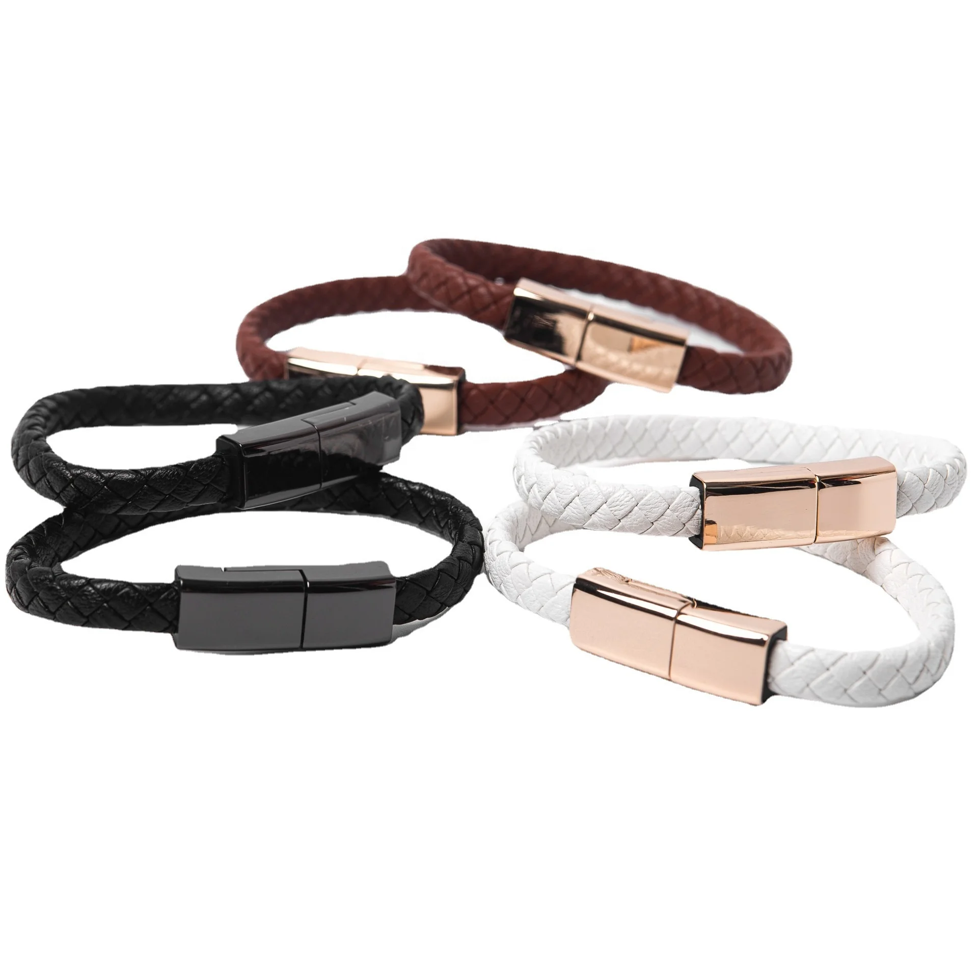 VEROMCA Stainless Steel Brown Black White Leather Rope Data cable Bracelet USB Braided Bracelet