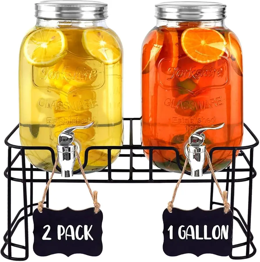 2 pack 1 Gallon Glass Beverage Dispenser with stand for Parties Glass Drink Lemonade Dispenser With Ice Cylinder