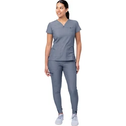 Wholesale Solid Tailored Fit V-Neck Top and Yoga Jogger Pants Hospital Uniform Medical Dental Nurse Scrub Set