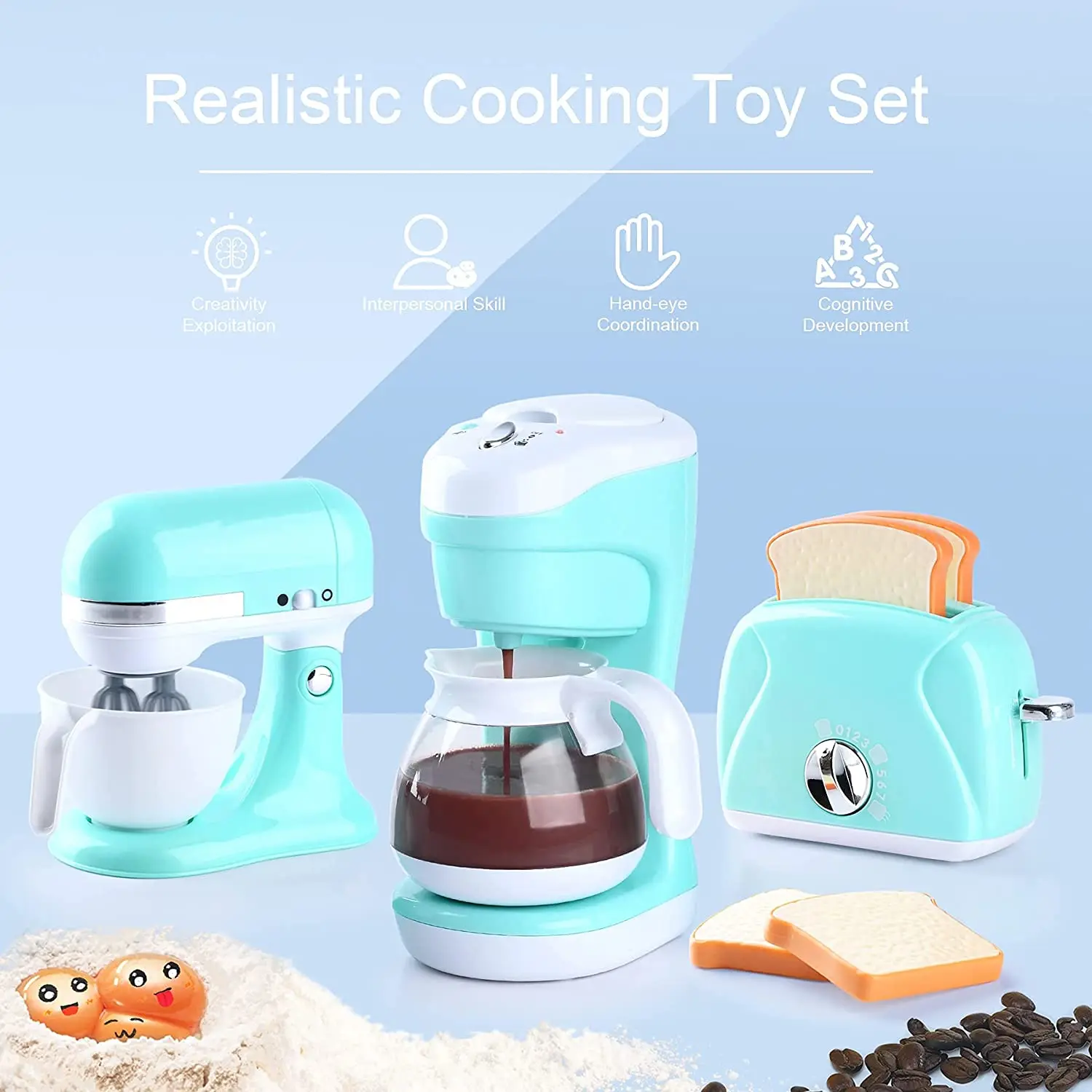 Kitchen Pretend Play Set - Toaster, Coffee Maker and Mixer with Realistic Sound, Light and Action Cooking Toys
