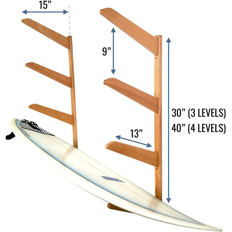 Customizable Wholesale Natural Wood Home Storage Mount System Holds 4 Surfboards Timber Surfboard Wall Rack