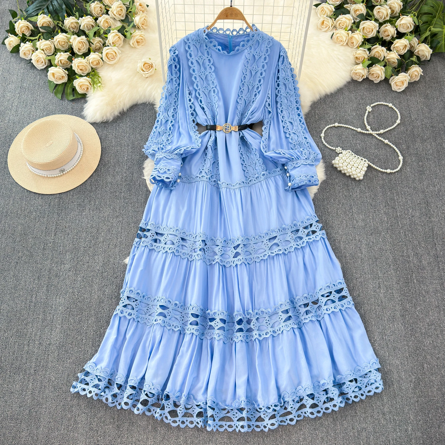 HANOU Court Style Hollow Hook Flower Ladies Dress Female Heavy Industry Patchwork Lace Long Sleeve Women Boutique Maxi Dresses