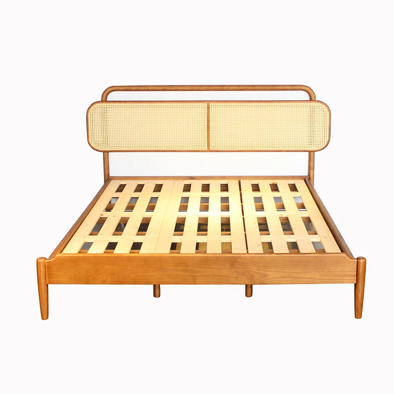 Wholesale Hotel Bedroom Solid Wood Bed Frame Modern Furniture Double Wooden Woven Rattan Cane Beds