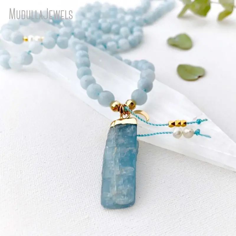 MN34509 Truth Goddess Mala Aquamarine Kayanite Guru Crystal 108 Mala Prayer Beads Mala Necklace Meditation Necklace Yoga Gift