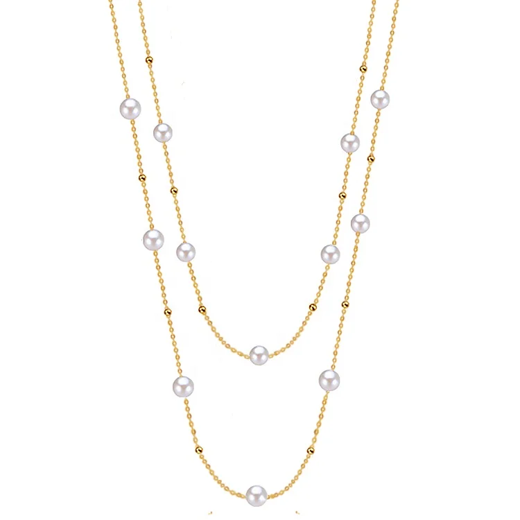 vintage layered solid 18k gold freshwater pearl 86cm long pearl sweater chain necklace beaded multilayer necklace