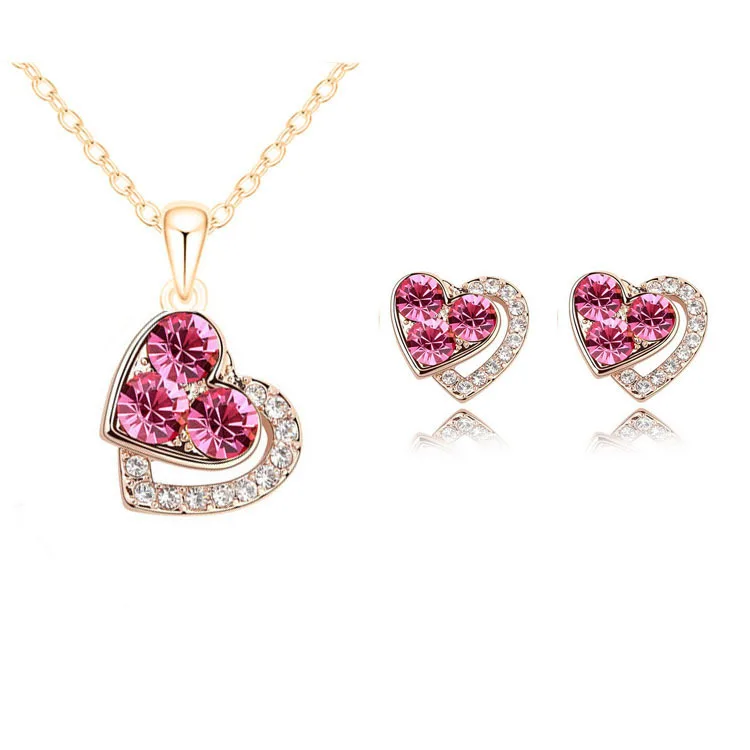 New Arrival Heart Crystal Necklace Bling Diamond Crystal Stud Earrings Necklace Sets for Women Jewelry