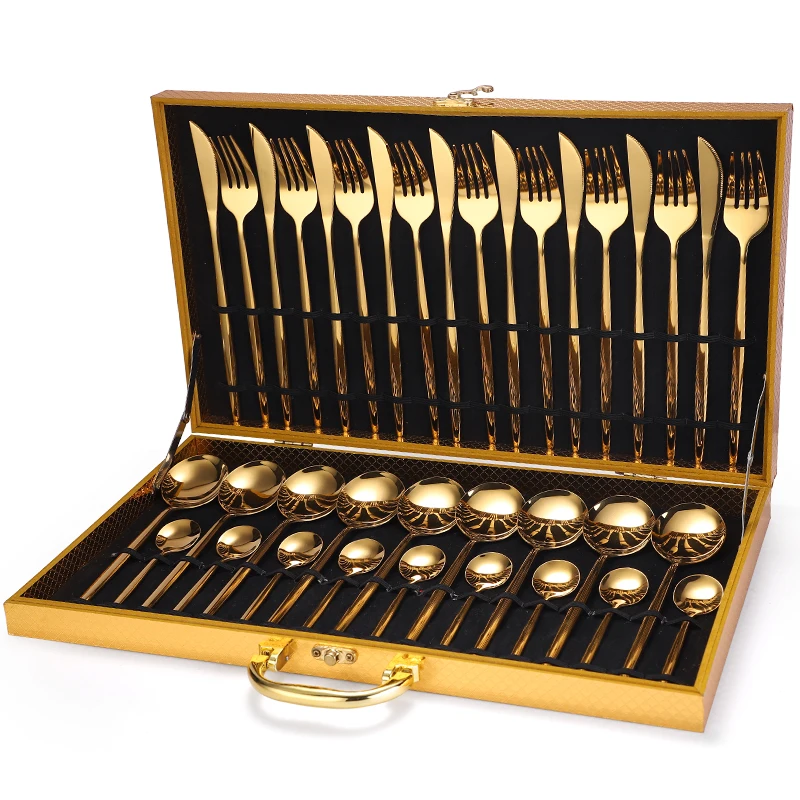Wooden Box Spoon Fork Knife Besteck 36pcs Stainless Steel Flatware Cutlery Set