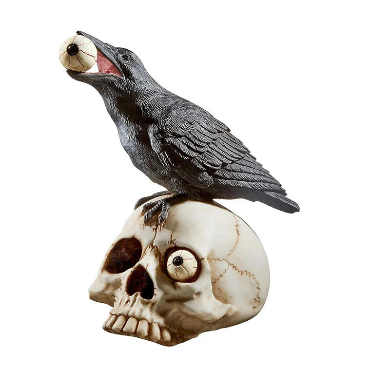 Gothic Art Resin Craft Figurine Black Crow Head with Skeleton Bones Eyes Fairy Cross Style Home Decoration Halloween Gifts