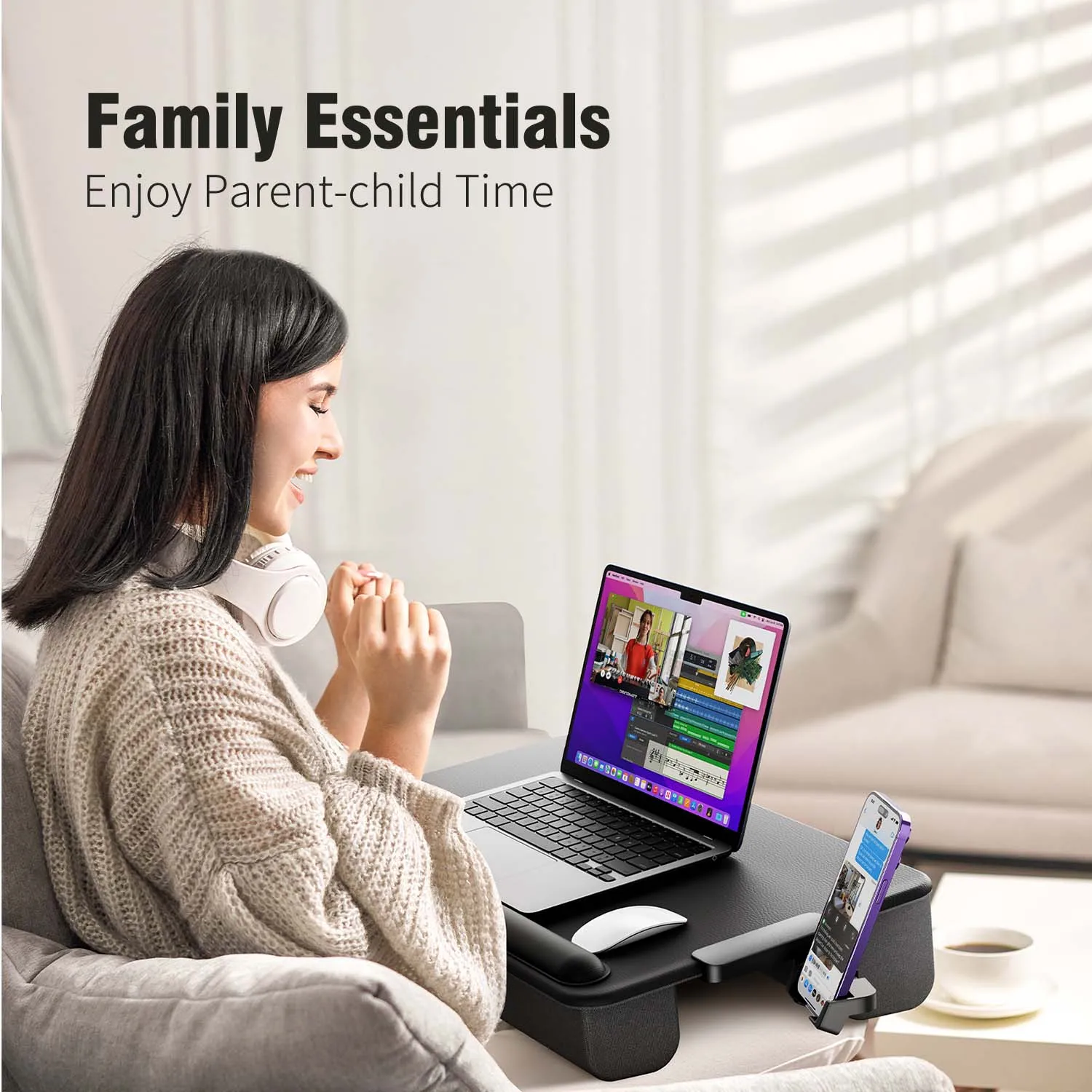 Lap Desk with Wrist Rest, Device Ledge, Drawer, Booster Cushion and Phone Holder - Black Carbon - Fits up to 17 Inch Laptops