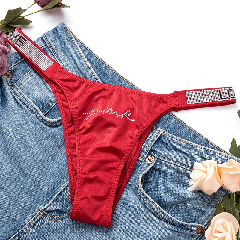 LOVE rhinestone side strap hot sexy panties photos Low waist comfortable ice silk  ladies cotton underpants