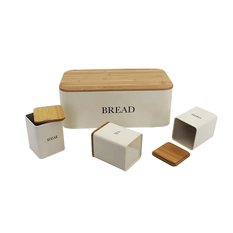 Metal Iron Bread Box and 3-Piece Sugar Tea Coffee Containers Sets Storage Bread Bin Canister Set for Kitchen