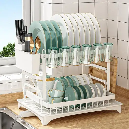 2 Tier Dish Drying Rack, Rustproof Kitchen Dish Drying Rack with Drainboard and Utensil Holder for Kitchen Counter