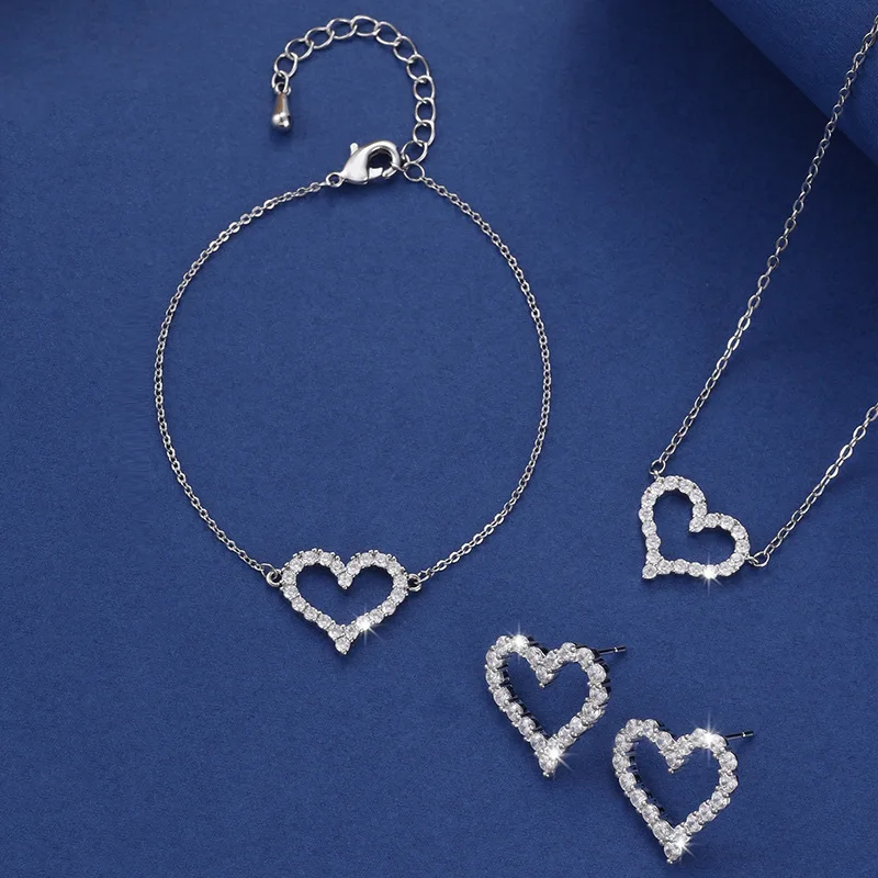 XL044-B-05351 Super Flash Hollow Peach Heart Bracelet Necklace Earrings Set of Four Pieces Fashion Versatile Love Jewelry Set