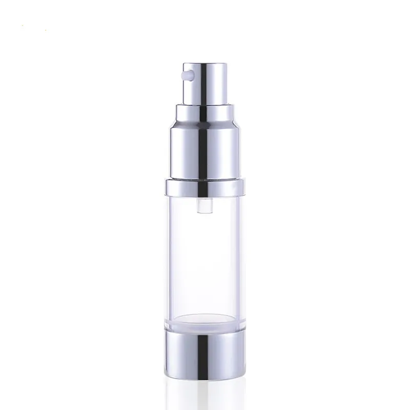 Refillable silver airless pump bottle 15ml 30ml 50ml empty airless face cream lotion pump bottle with silver lid
