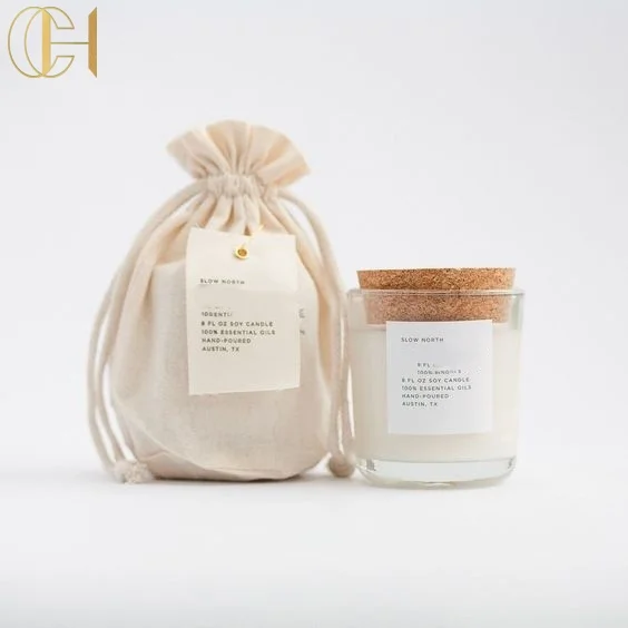 C&H New Design Natural Fragrance Oil Soy Wax Cork Lid Luxury Private Labels Cotton Bag Reuse Glass Scented Candle With Packing
