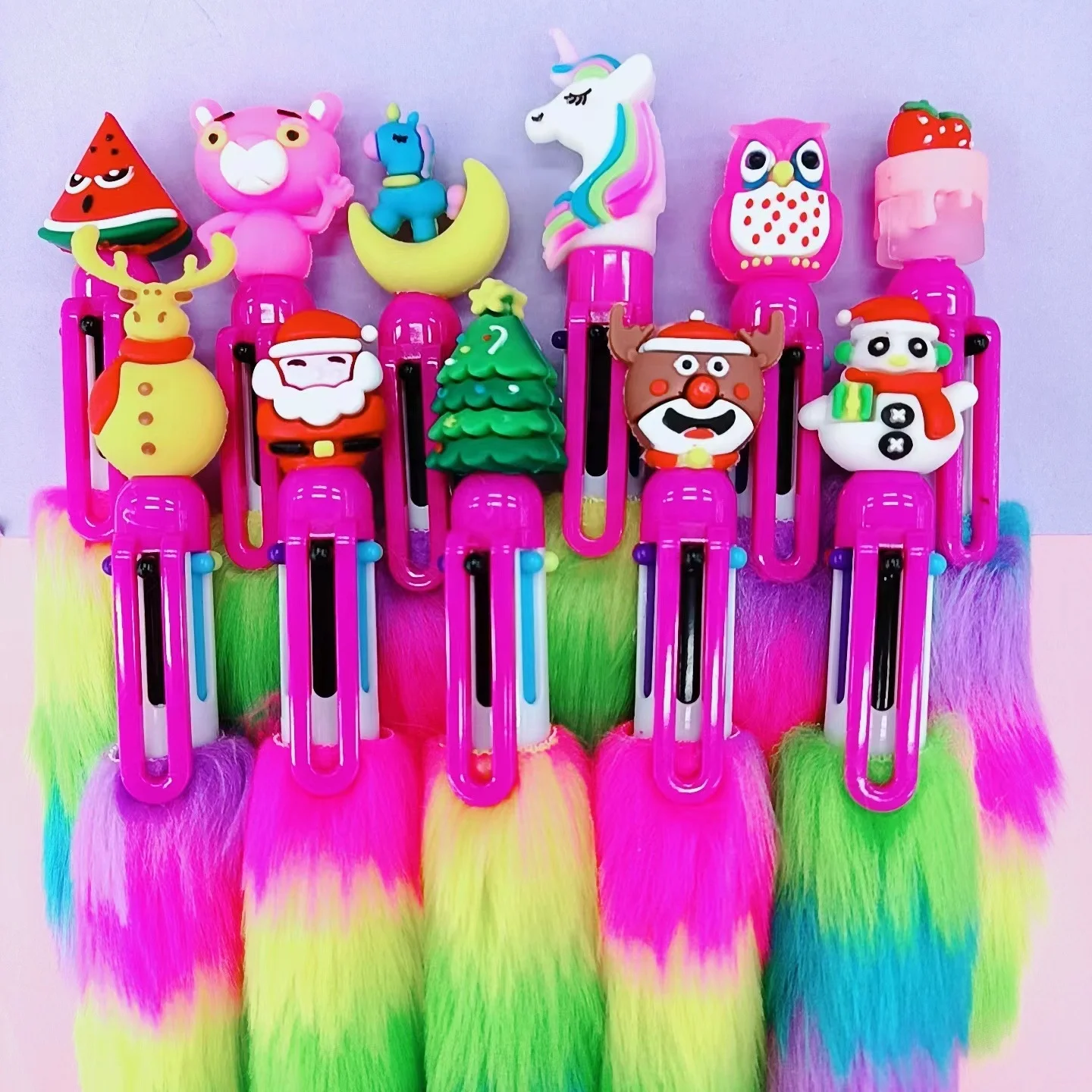 Wholesale cartoon cute rainbow plush 6 color fluffy unicorn pen for kids