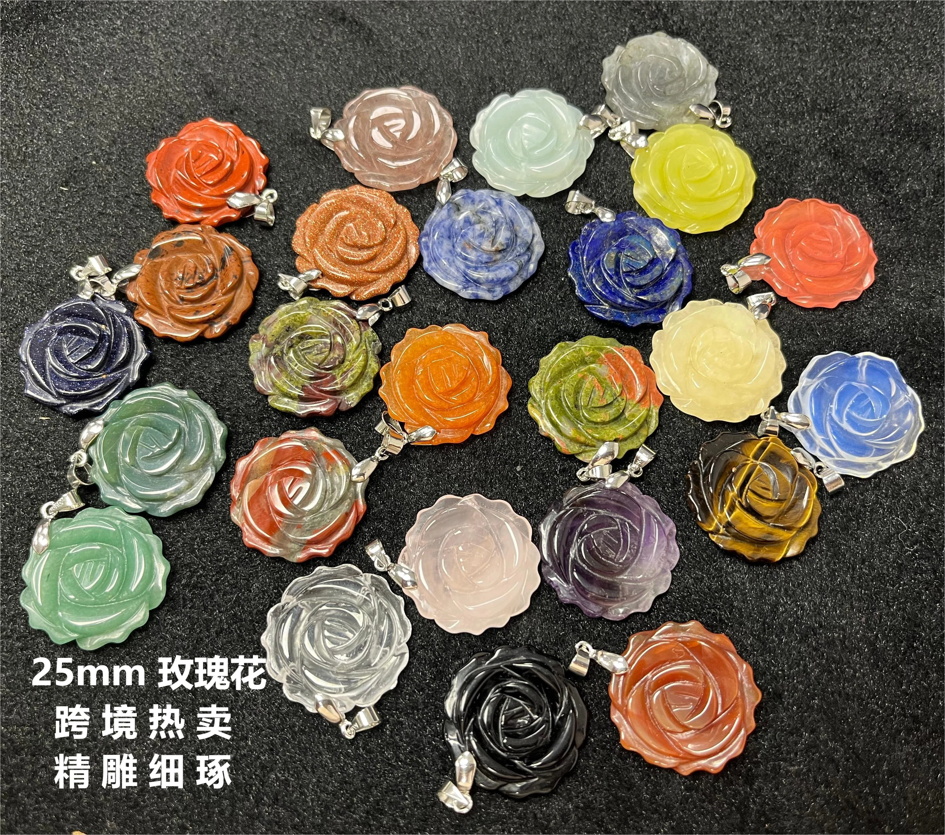 YMJ Vintage 25mm Real Jade Tiger Eye Big Carved Rose Flower-shape Charm Pendant Healing Stone Pendants for Necklace Jewelry Diy