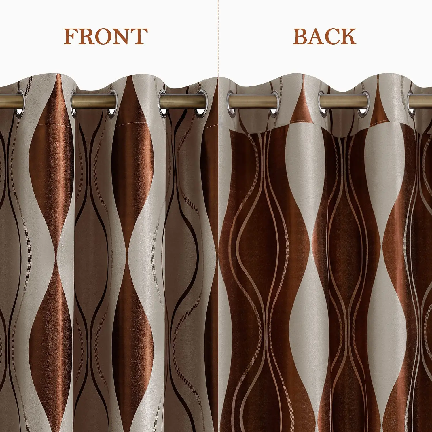 Wave Room Darkening Curtains Brown and Beige Jacquard Grommet Window Curtains for Living Room