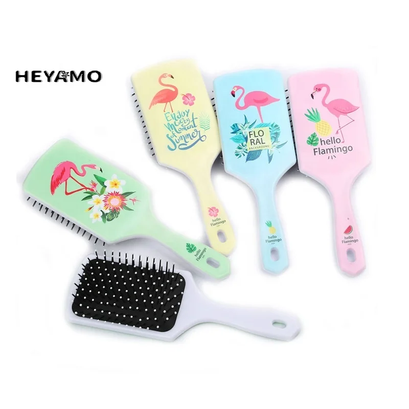 HEYAMO High Quality Private Label Cute Cartoon Flamingo Print Square Air Cushion Handle With Nylon Soft Pins Paddle brush