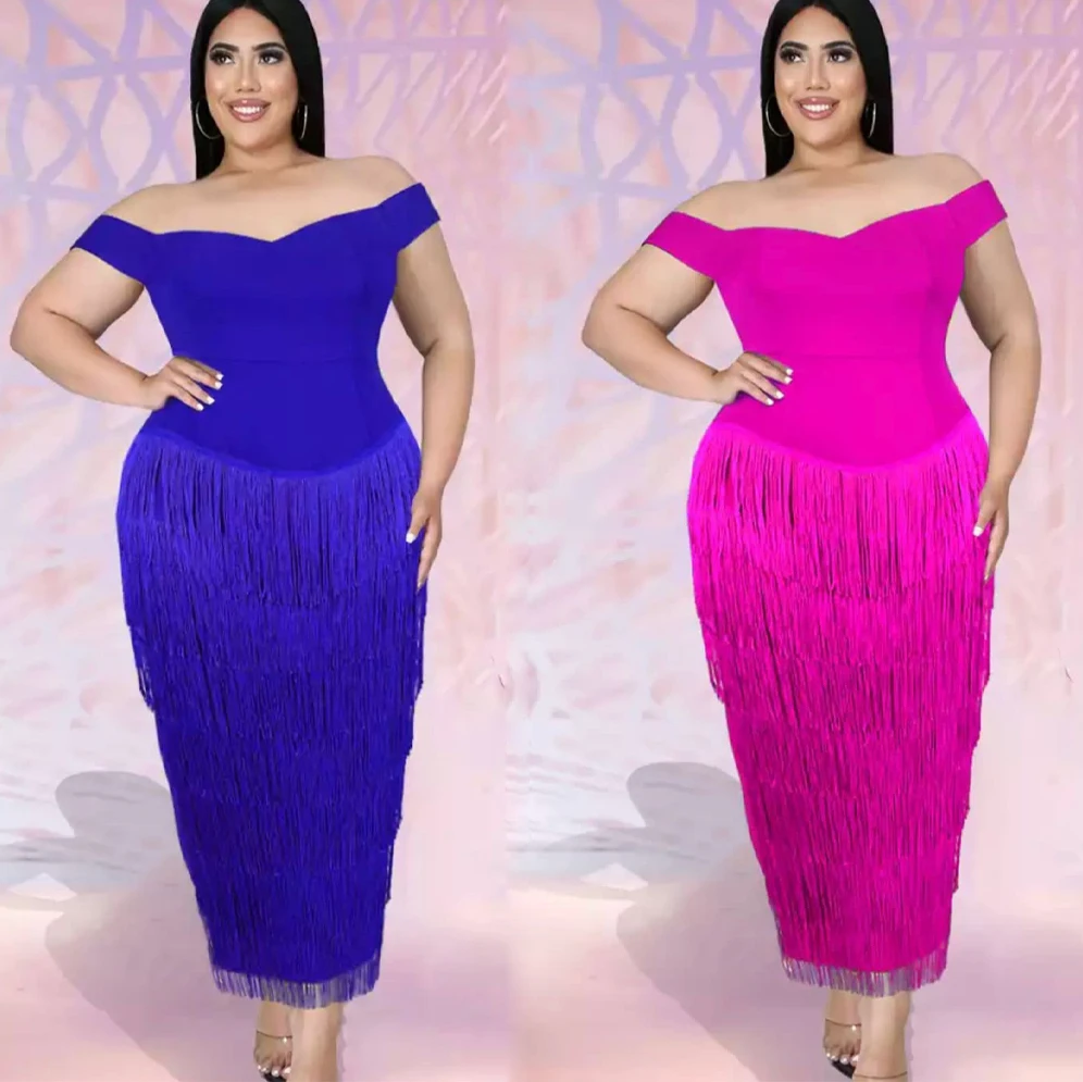 Evening dresses south africa 250g air layer tassel wrapped dress boat neck dress