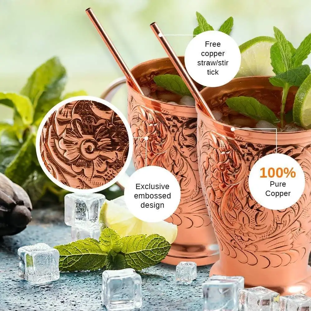 Moscow Mule Copper Mugs Handmade Embossed Set of 2 Pure Copper Cups 2 Straws Stir Sticks 20 Recipe E-book Wing Shung Exclusive