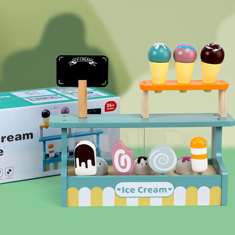 Simulation Ice Cream Set Pretend Play Wooden Montessori Toy Ice-cream Cone Kitchen Food Toys for Kids Preschool Educational