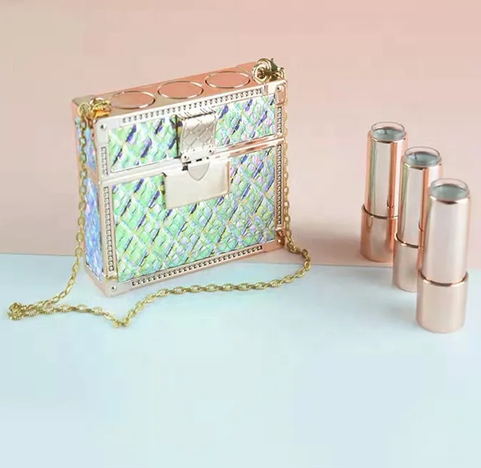 Custom 2024 new style bag shaped glitter lip stick packaging gold bling lipstick tube luxury case with mirror chain for lady