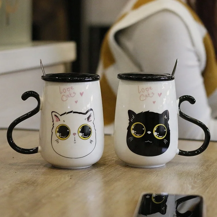 lovely 470ml white cartoon cat lovers couples ceramic mug with black tail handle lid and spoon