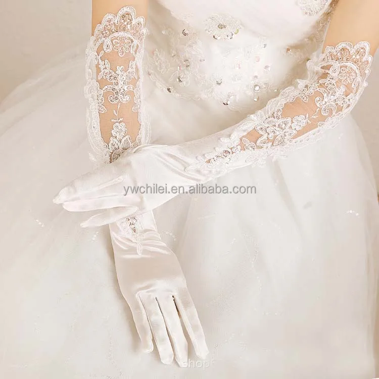Elegant Satin Lace  Long Bridal Gloves for Bride Flower Girls Women Wedding Prom Party