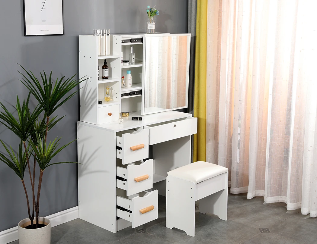 6 Drawers 3 Light Mode Makeup Vanity Desk Lighted Mirror Girls Dressing Table Set with Soft Cushioned Stool  and 6 Compartments