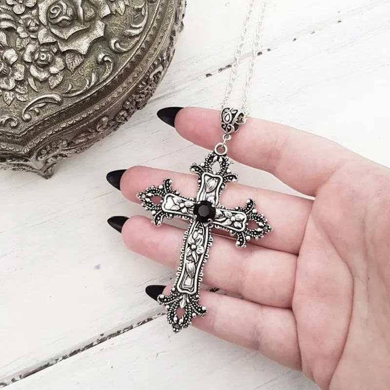Punk Jewelry Chunky Cross Necklace Gothic  Inlaid Zircon Women Pendant