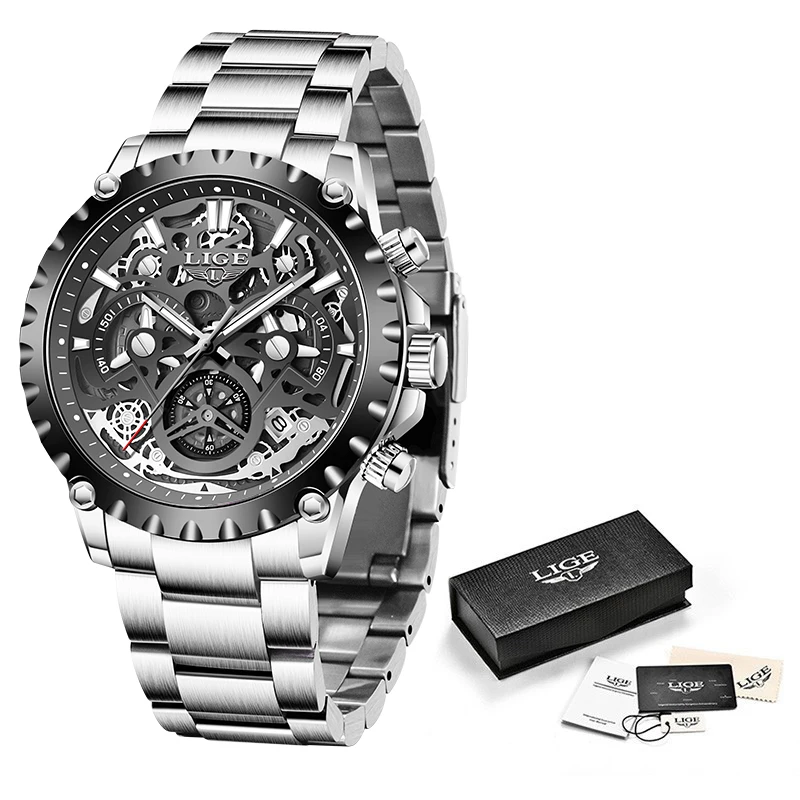 2022 Лидер продаж, модные наручные часы LIGE с вырезами, полностью из нержавеющей стали, водонепроницаемые, с вырезами, мужские кварцевые часы
