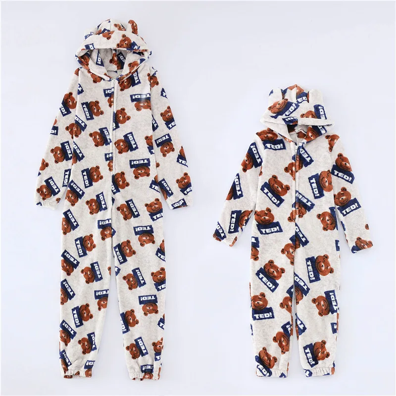
Plush thick plus size jumpsuit hooded pajamas parent-child home sleepwear 