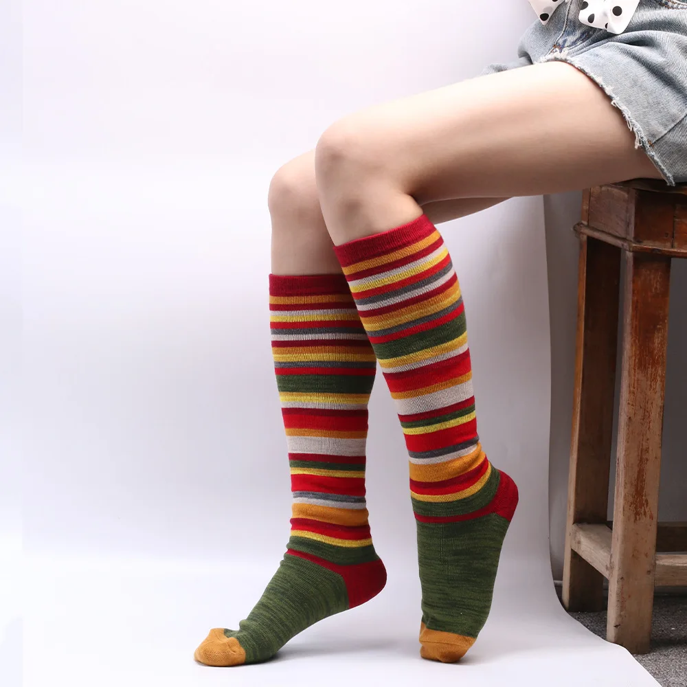 Fashion Colorful Cotton Striped Women Stockings Winter Stylish Knee High Long Woman Socks