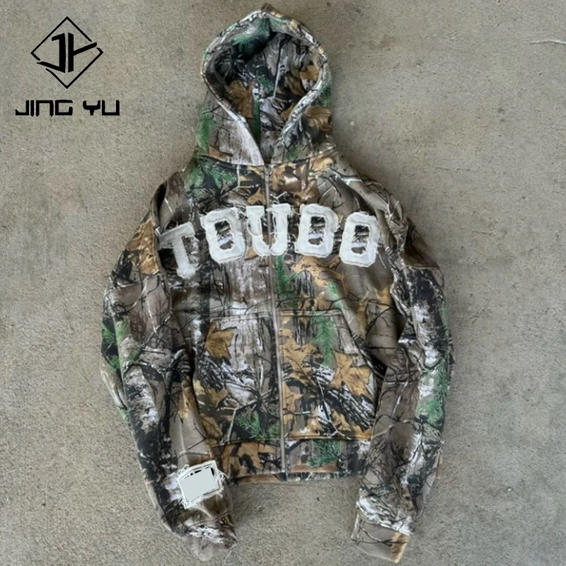 Manufacturer custom logo 100% cotton boxy oversize realstree zipper screen printing camoflouge camo zip up hoodie men