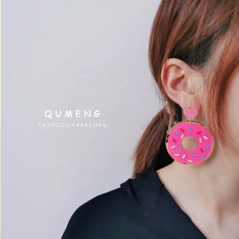 Quality Glitter Heart Hot Pink Donut Mirror Acrylic Drop Earrings Cute Rainbow Girls Jewelry Gift