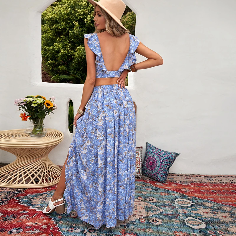 Wholesale Women Floral Print Bandage Ruffles Sleeve Crop Top And Maxi Slit Sun Dress Skirt Two Piece Set