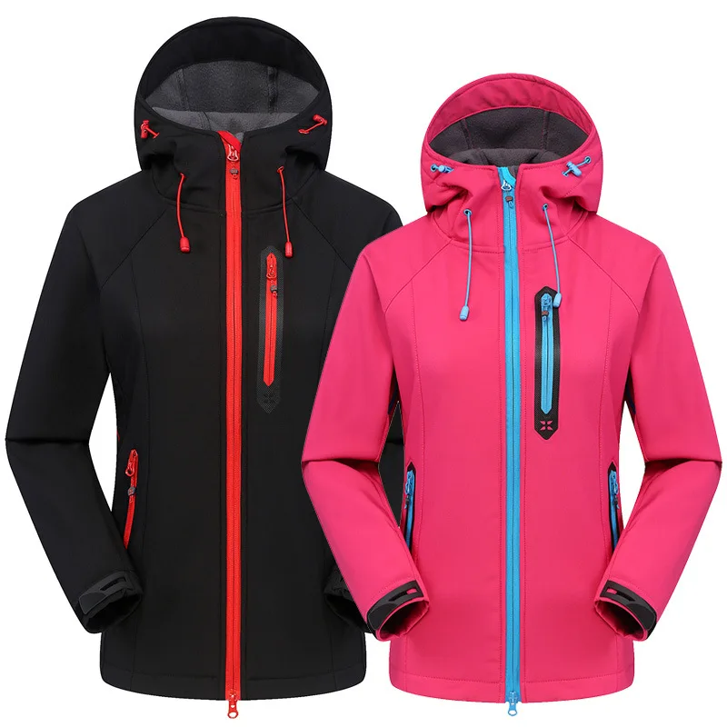Women Front Full Zipper Hooded Waterpoof Softshell Jacket Fleece Lined Winter Outdoor Coat With Laser Cut Taped  Pockets