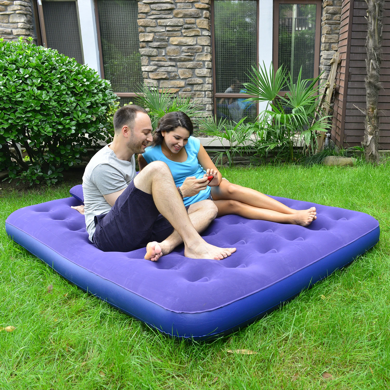 C02  PVC Portable Blue Flocked King Size 203*183 Inflatable Mattress air bed For Outdoor Tent Camping Hiking Home Unique Air Bed
