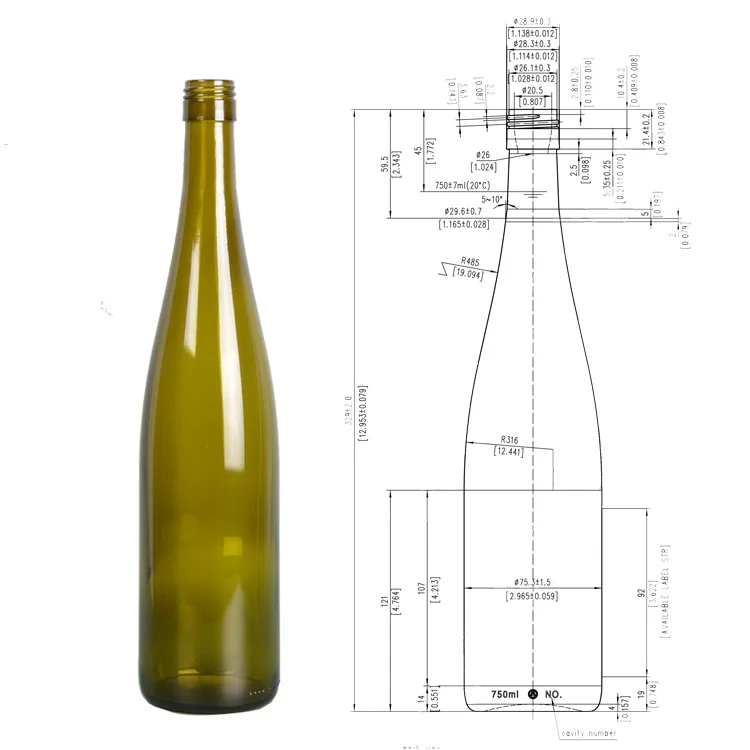 Cheap 750ml Rhine Antique Green Red Glass Wine Bottle with Screw Cap