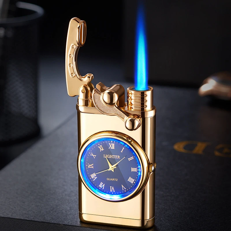 New Metal Windproof Straight Watch Lighter Custom Outdoors Lighter Blue Flame Cigarette Lighter Men Gifts