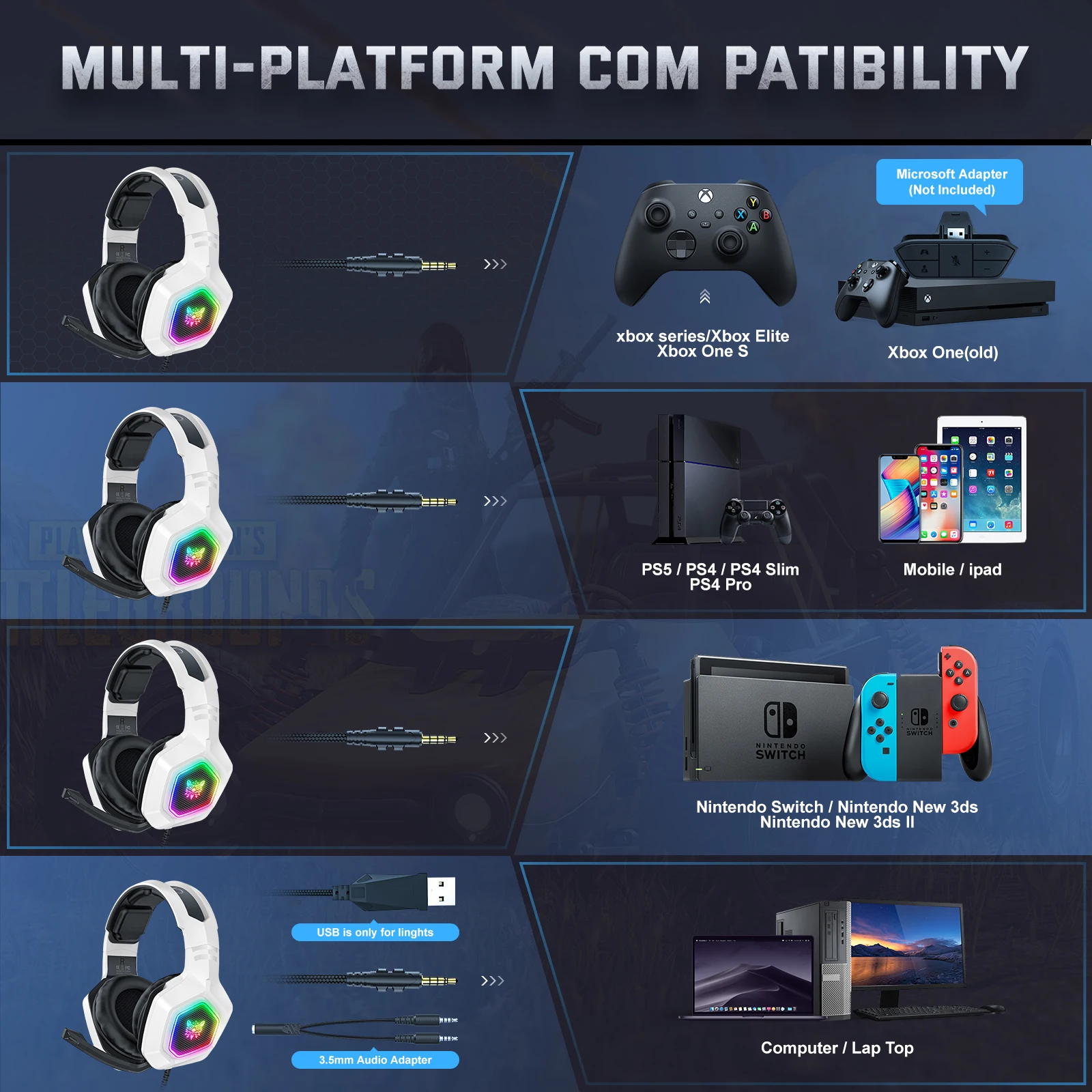 Onikuma K10 White Usb Gaming Headset Wired Rgb Stereo Headphone Pubg Noise Cancelling Auricular Ps4 Earphone