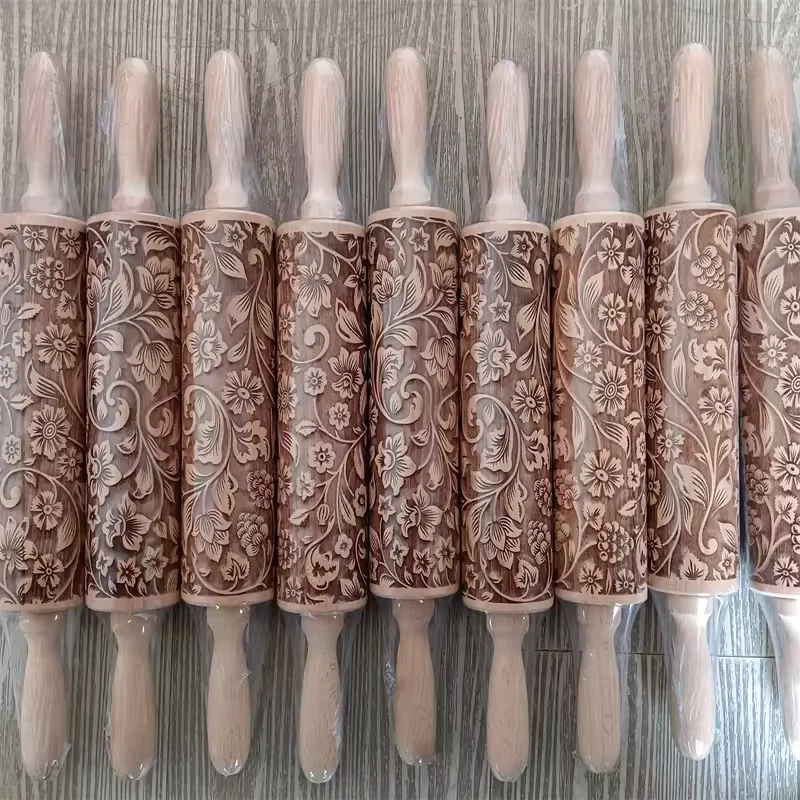 Xmas Christmas Wooden Rolling Pin Deep Engraved Embossing Baking Embossed Cookies Kitchen Rolling Pin Rolling Pins Flower