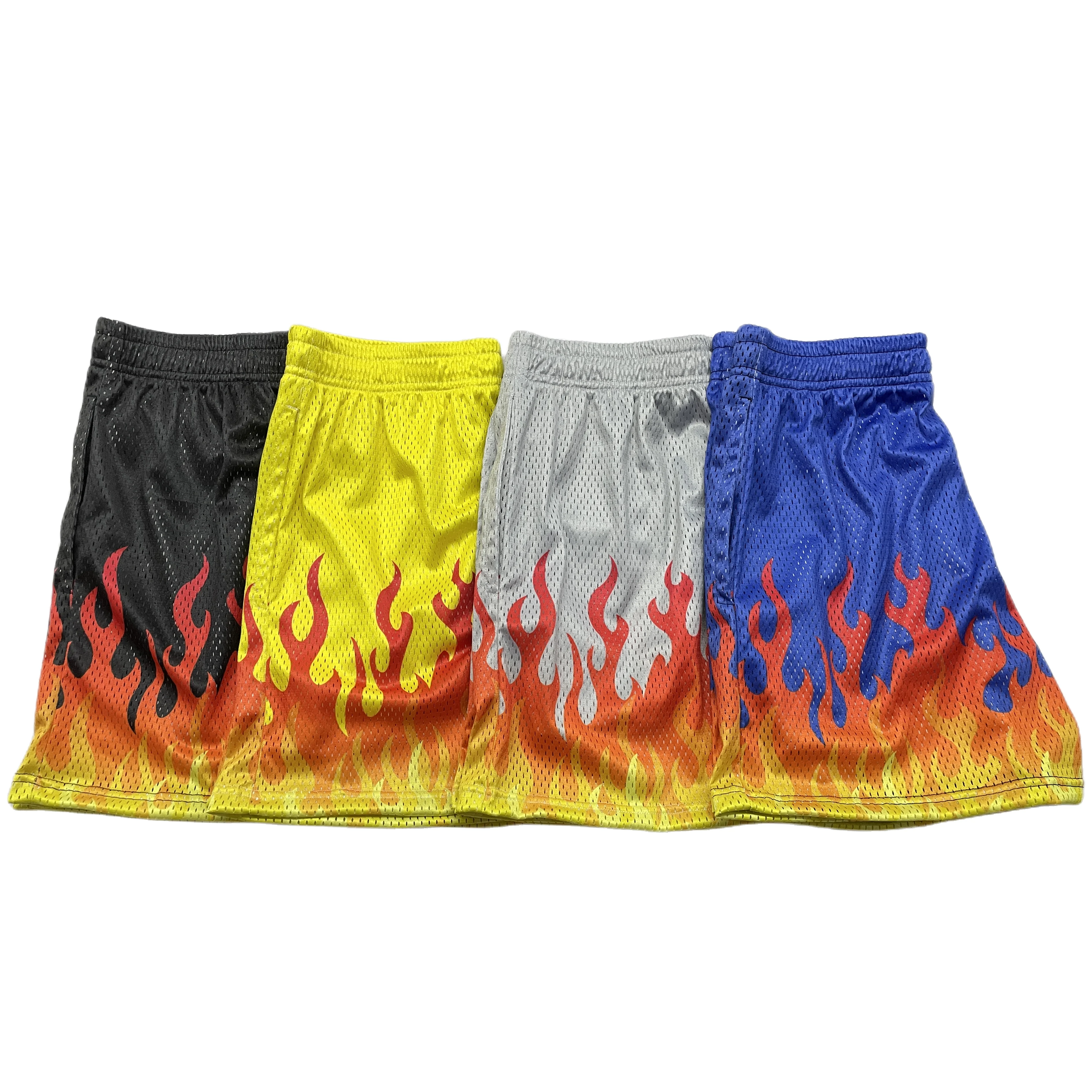 High quality polyester men summer running workout basketball all over print ee fire sublimation custom logo flame mesh shorts