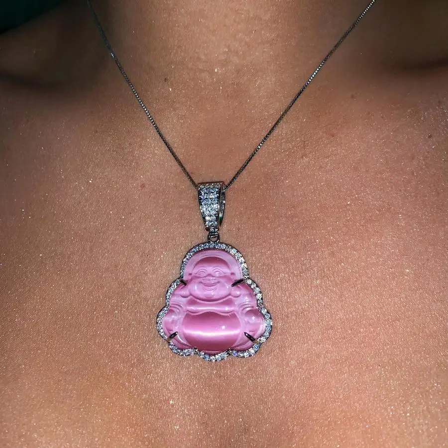 2021 high quality bling diamond gift for girl women jewelry micro pave cz colorful gemstone jade Buddha pendant necklace