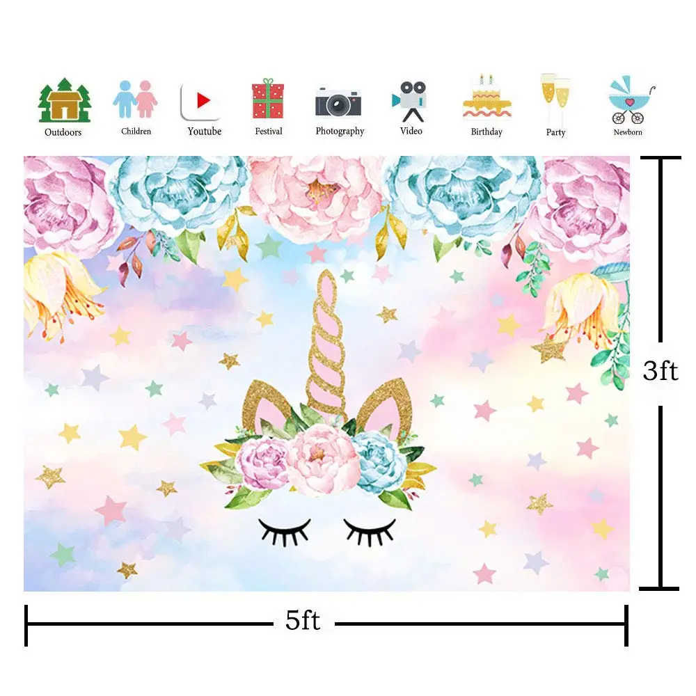 5x3ft Vinyl Unicorn Theme Party Background Gold Flower Stars Sky Photography Backdrop for Children Newborn Birthday Dessert