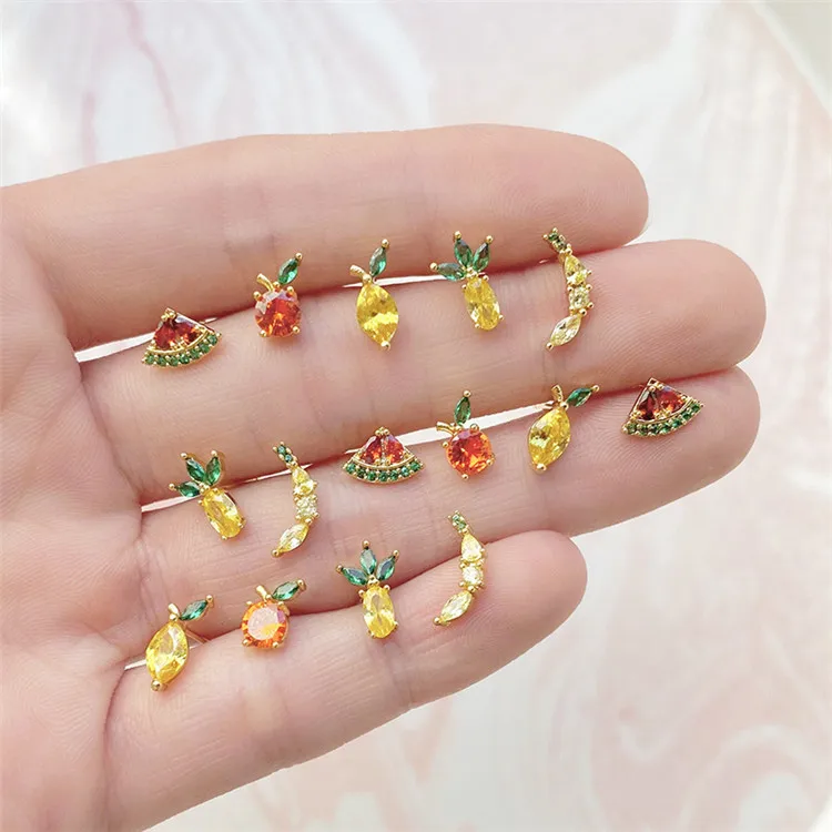 SP Creative Mix 12 Fruits 18k Gold Filled Zircon Studs Earrings Crystal Apple Fruit Stud Earrings