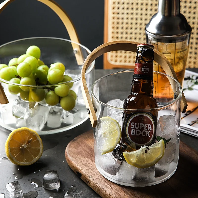 1.5L 2.5L Luxury Ice Bucket for Parties, Clear Glass Buckets Bamboo Handle, Bar Accessories for Beer Cocktail Wine Champagne